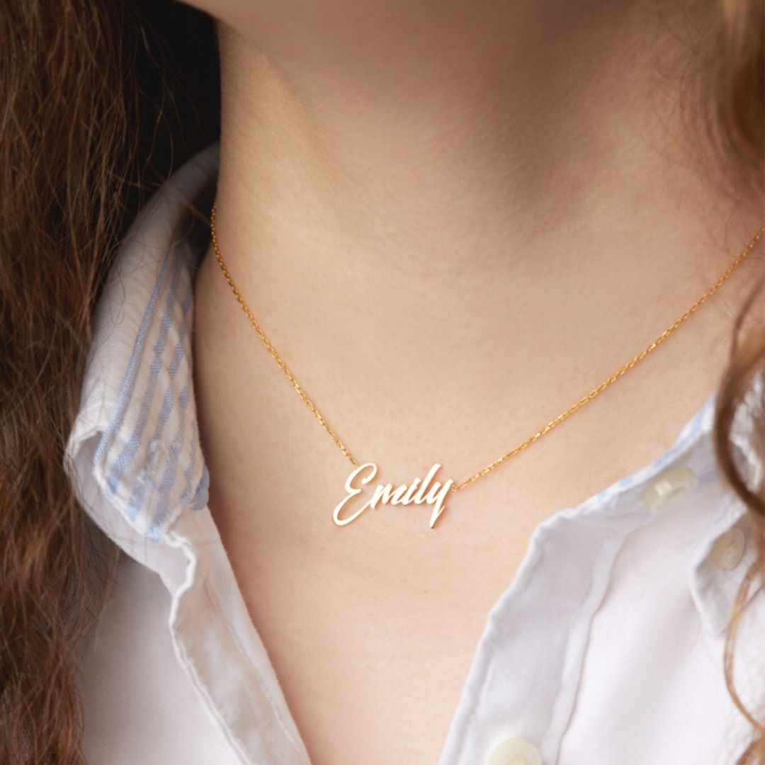 14k Solid Gold Cursive Name Necklace Minimal Necklace Personalized Jewelry  Custom Name Plate Necklace Bridesmaids Gift New Mom 