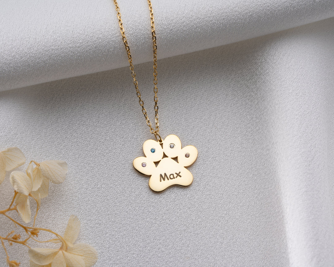 Engraved Paw Print Necklace with Birthstone