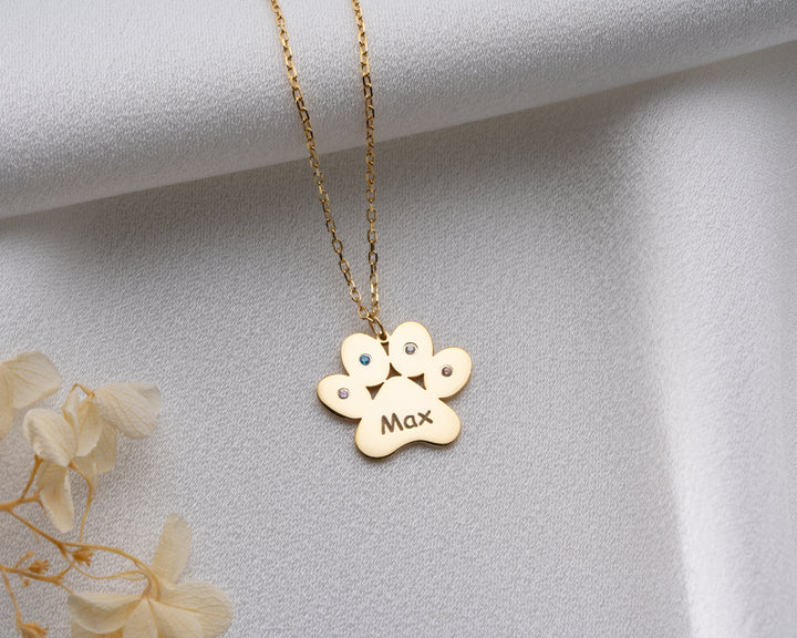 Engraved Paw Print Necklace with Birthstone