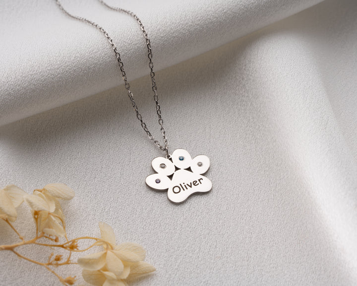 Engraved Paw Print Necklace with Birthstone