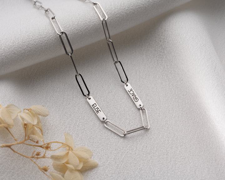 Engraved Tiny Bar Necklace with Paperclip Chain