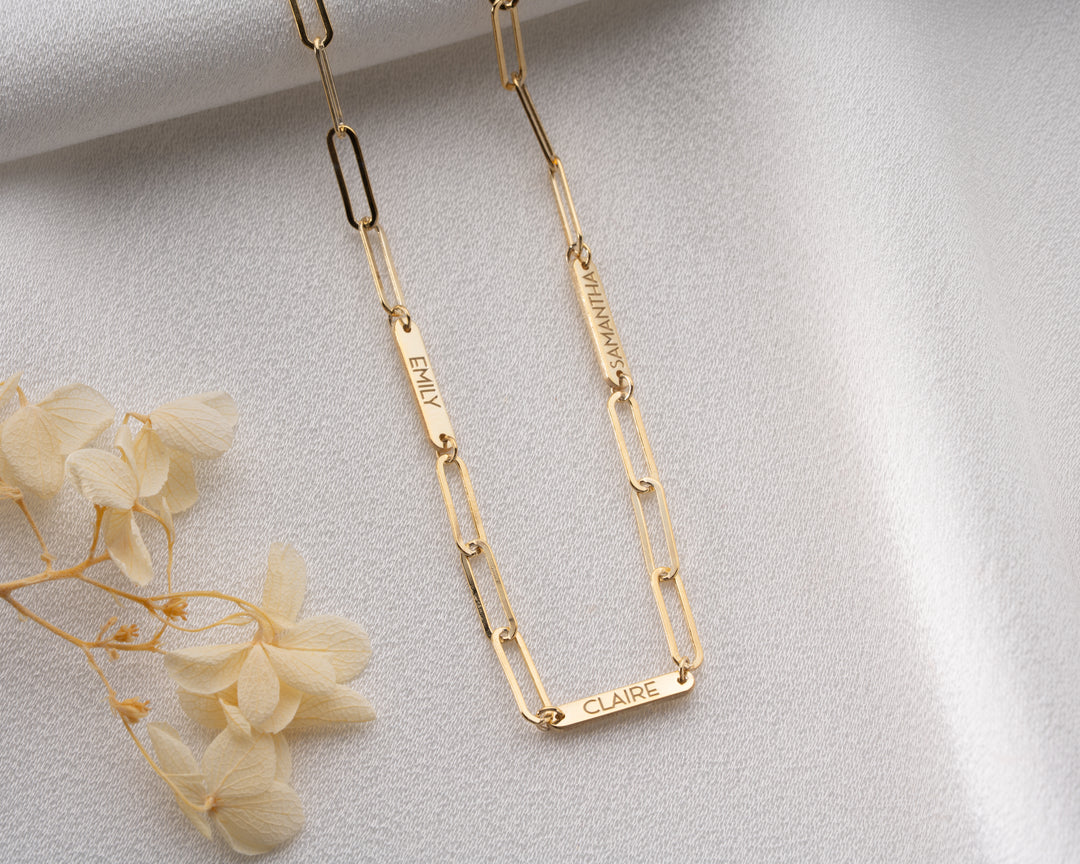 Engraved Tiny Bar Necklace with Paperclip Chain