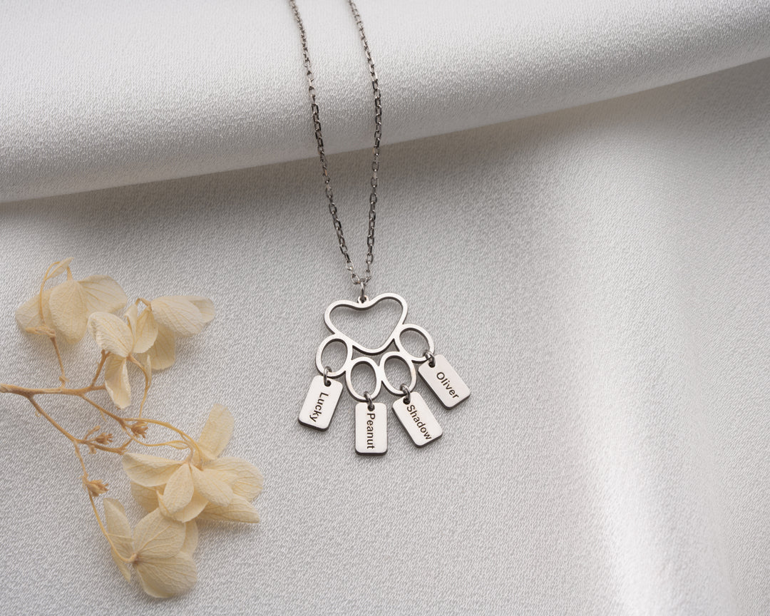 Custom Paw Print Necklace, Bar Necklace with Paw Pendant