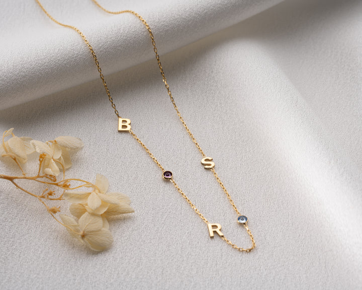 Sideways Initial Birthstone Necklace