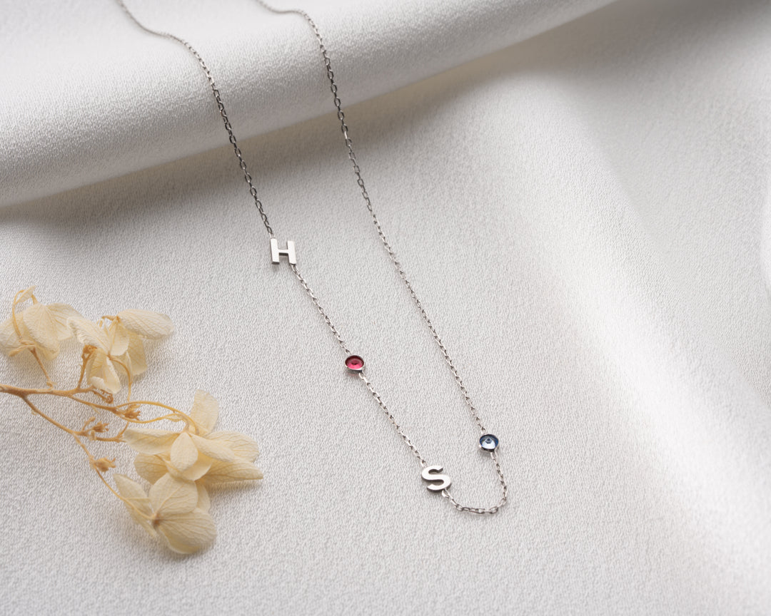 Sideways Initial Birthstone Necklace