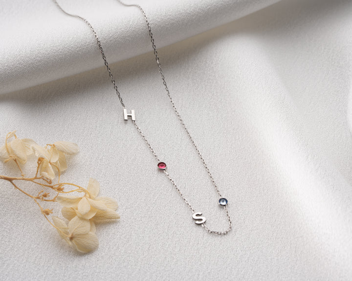 Sideways Initial Birthstone Necklace