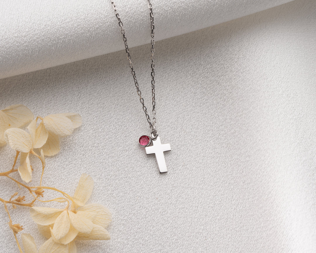 Personalized Cross Necklace with Birthstone