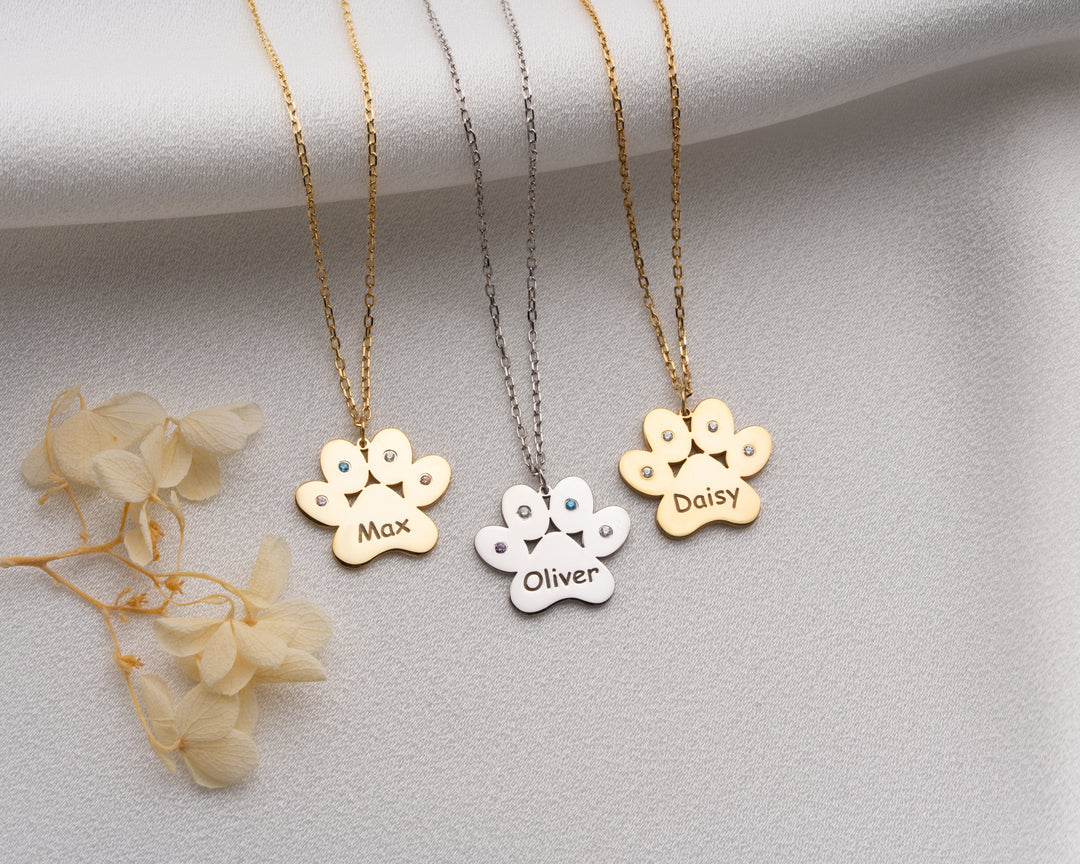 Engraved Paw Print Necklace with Birthstone