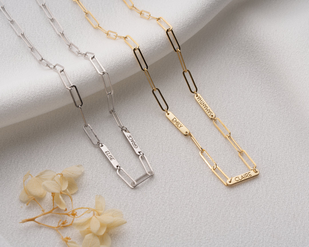 Engraved Tiny Bar Necklace with Paperclip Chain