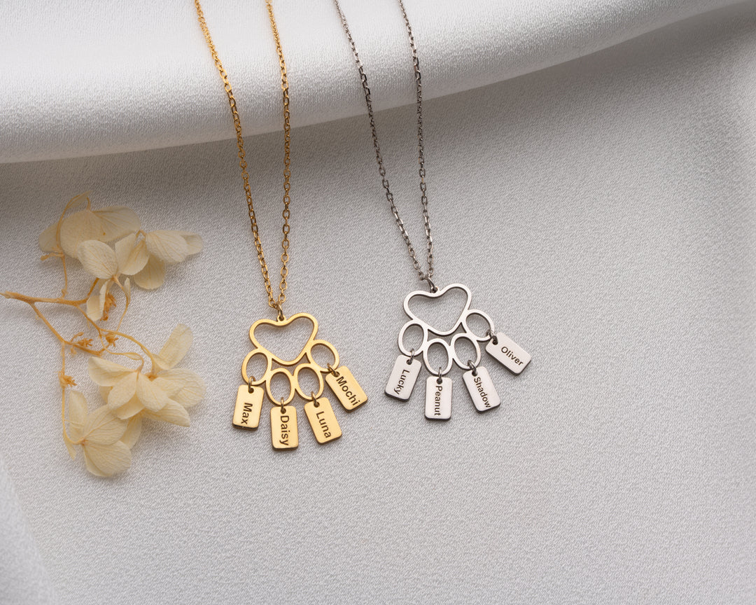 Custom Paw Print Necklace, Bar Necklace with Paw Pendant