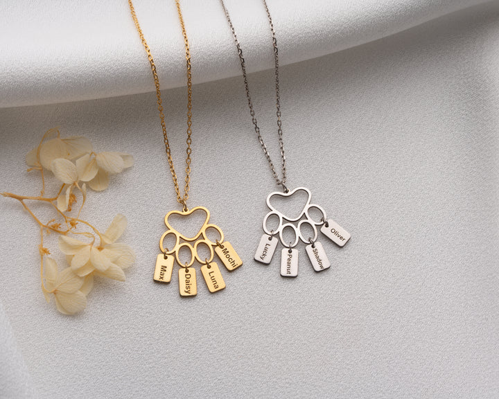 Custom Paw Print Necklace, Bar Necklace with Paw Pendant