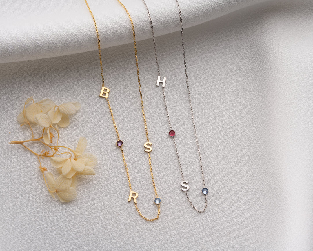 Sideways Initial Birthstone Necklace
