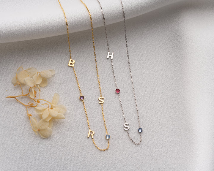 Sideways Initial Birthstone Necklace