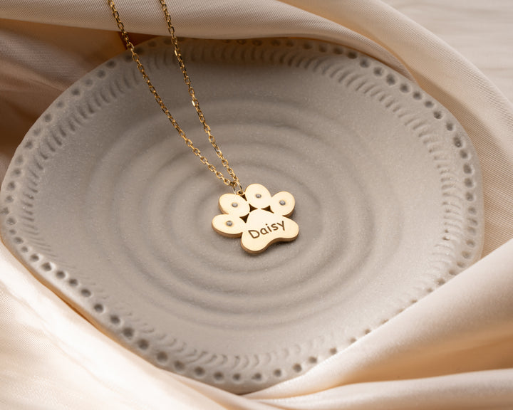 Engraved Paw Print Necklace with Birthstone