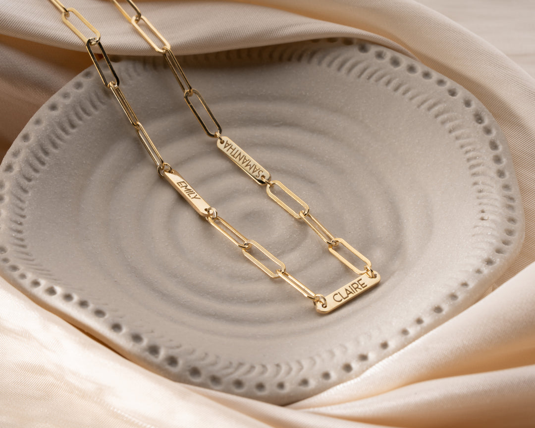 Engraved Tiny Bar Necklace with Paperclip Chain