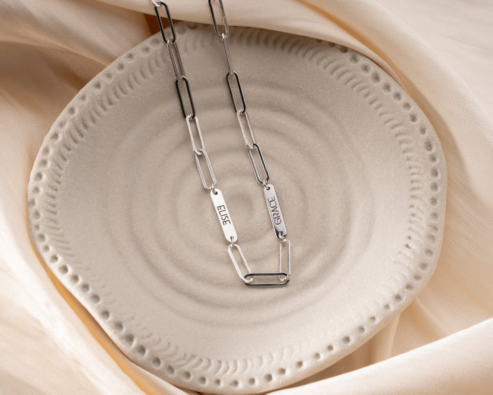 Engraved Tiny Bar Necklace with Paperclip Chain