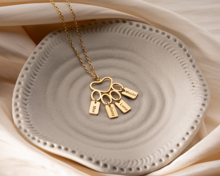 Custom Paw Print Necklace, Bar Necklace with Paw Pendant