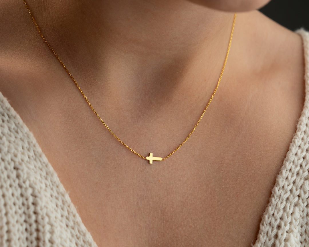 14K Solid Gold Sideways Middle Cross Necklace
