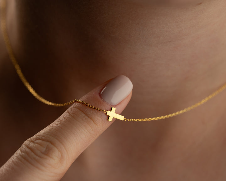 14K Solid Gold Sideways Middle Cross Necklace