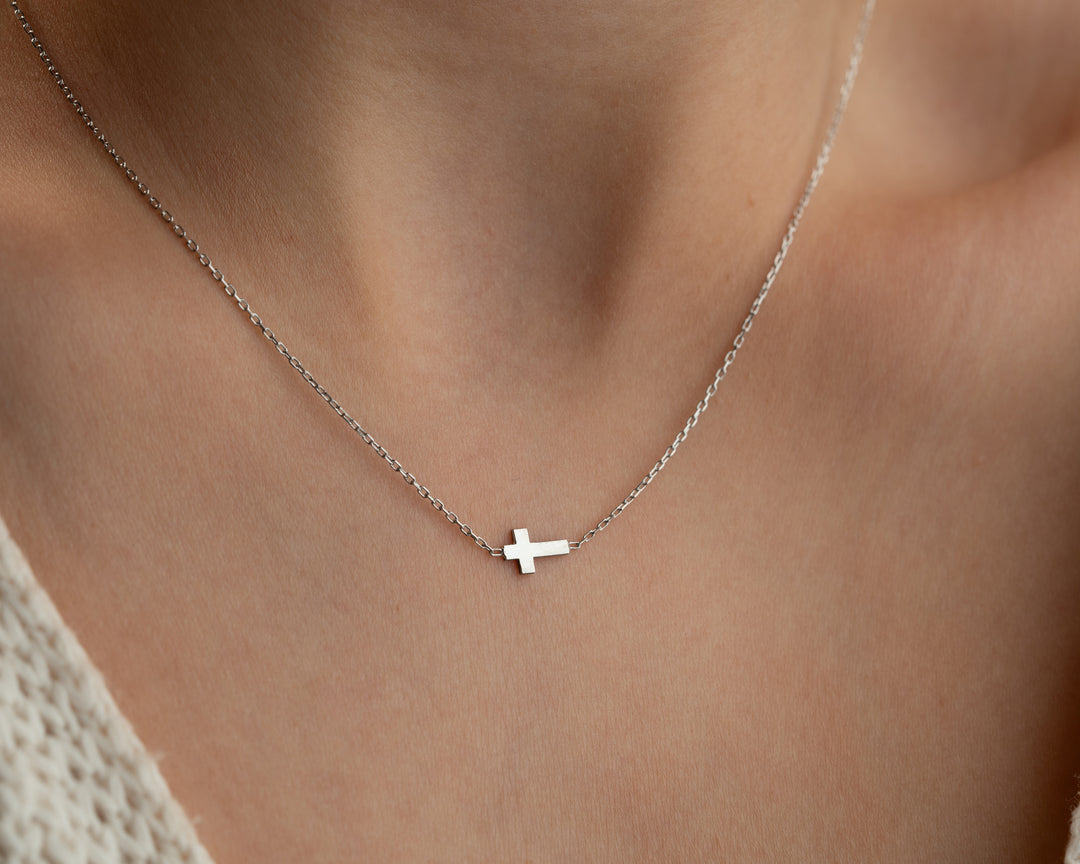 14K Solid Gold Sideways Middle Cross Necklace