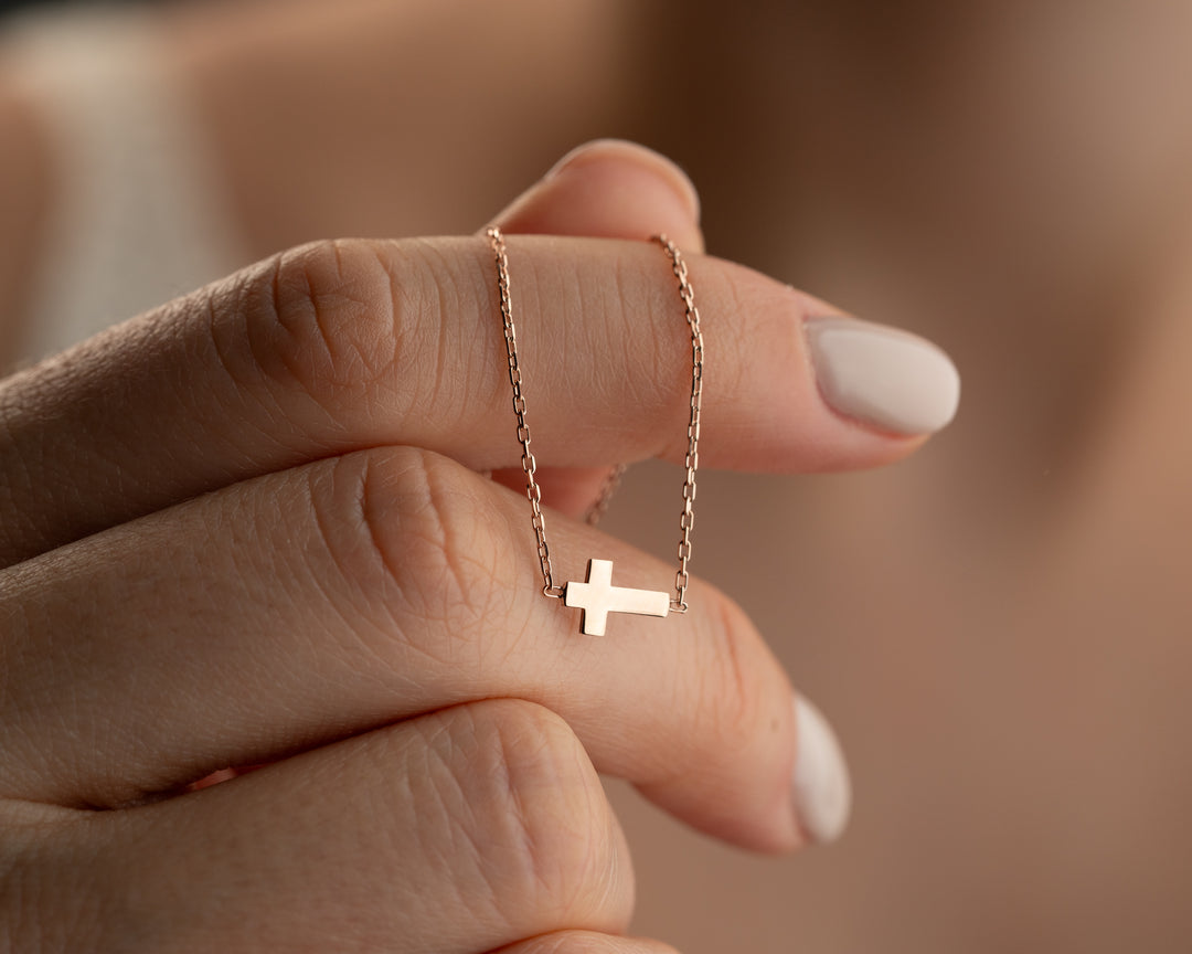 14K Solid Gold Sideways Middle Cross Necklace