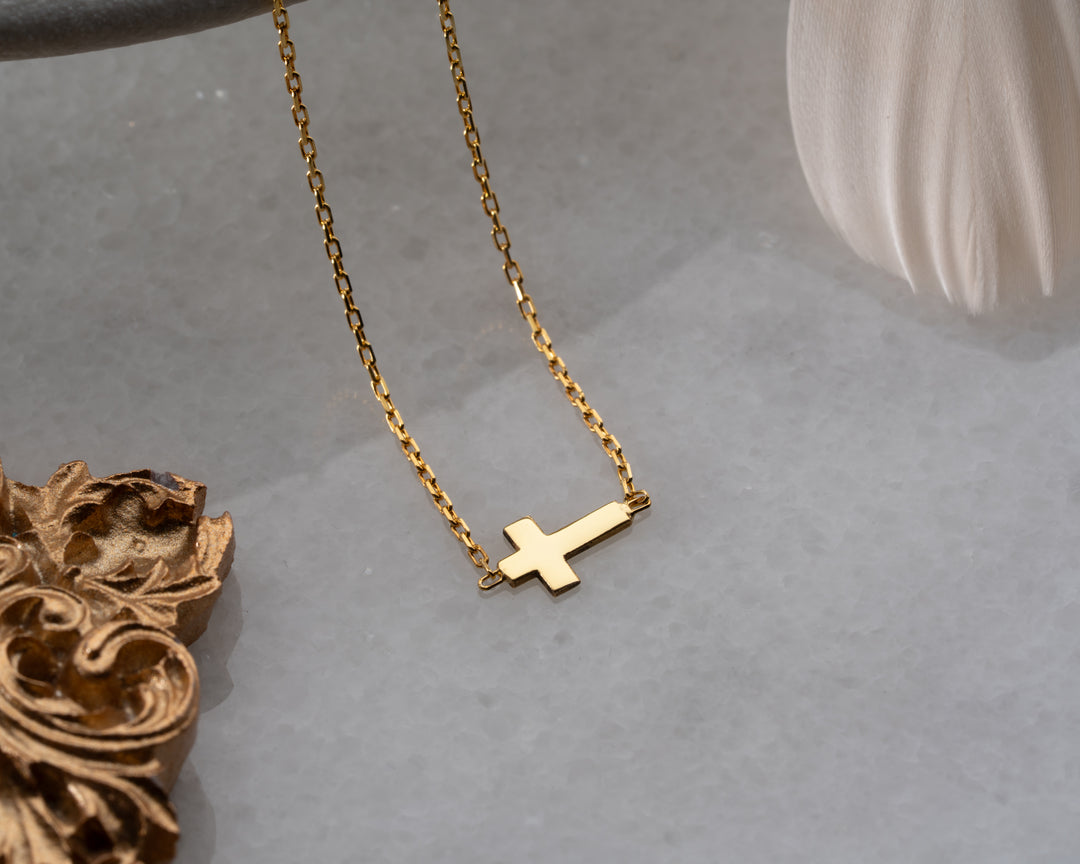 14K Solid Gold Sideways Middle Cross Necklace