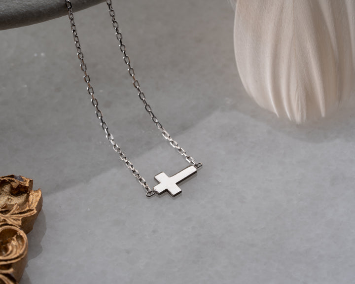 14K Solid Gold Sideways Middle Cross Necklace