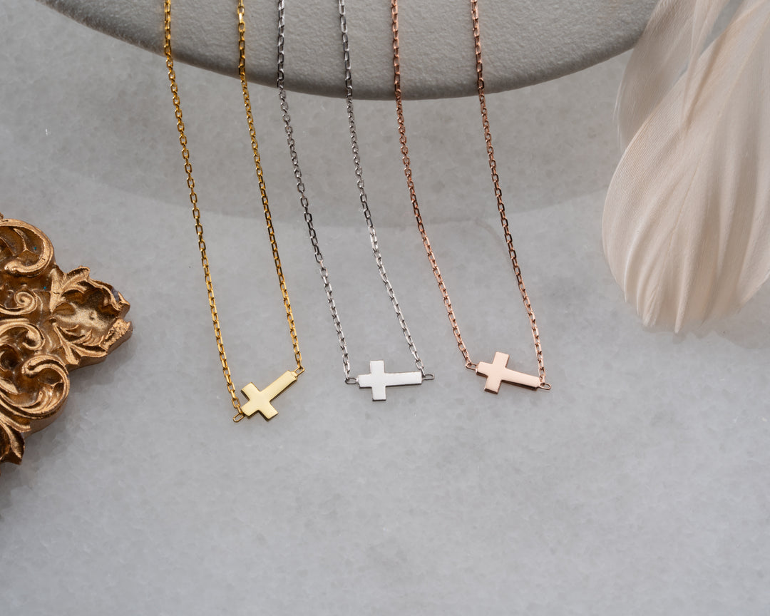 14K Solid Gold Sideways Middle Cross Necklace