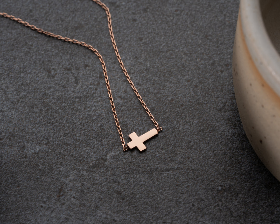 14K Solid Gold Sideways Middle Cross Necklace