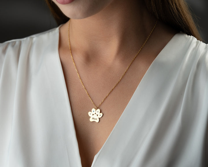 Engraved Paw Print Necklace with Birthstone