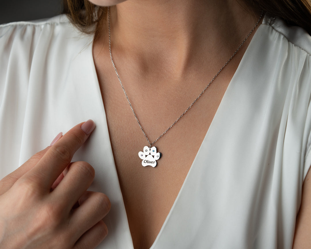 Engraved Paw Print Necklace with Birthstone