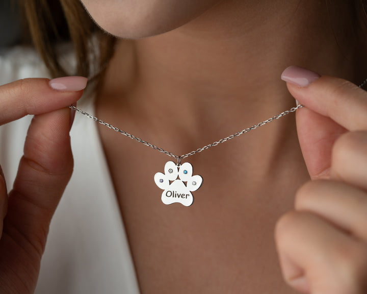 Engraved Paw Print Necklace with Birthstone