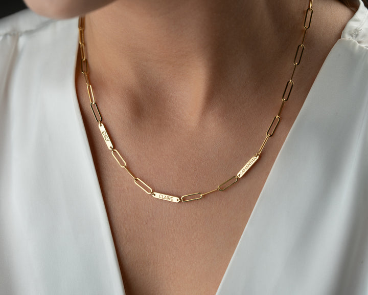 Engraved Tiny Bar Necklace with Paperclip Chain