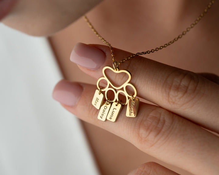 Custom Paw Print Necklace, Bar Necklace with Paw Pendant