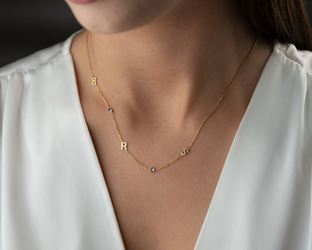 Sideways Initial Birthstone Necklace