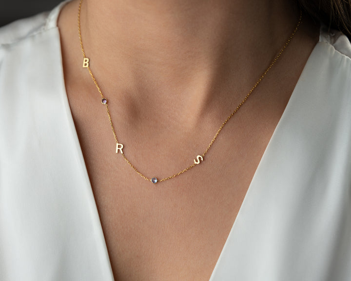 Sideways Initial Birthstone Necklace