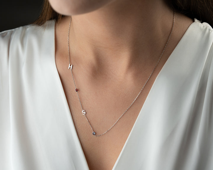 Sideways Initial Birthstone Necklace