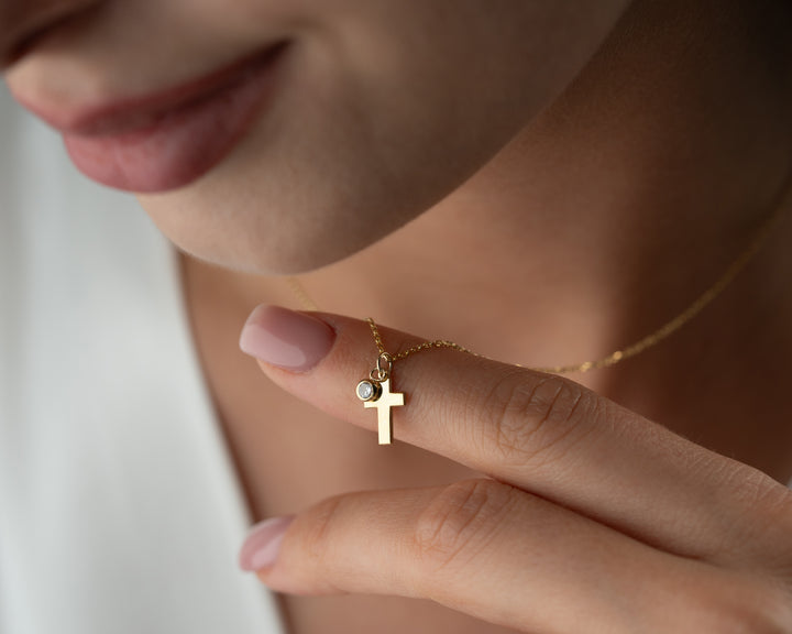 Personalized Cross Necklace with Birthstone