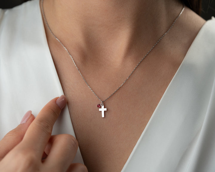 Personalized Cross Necklace with Birthstone