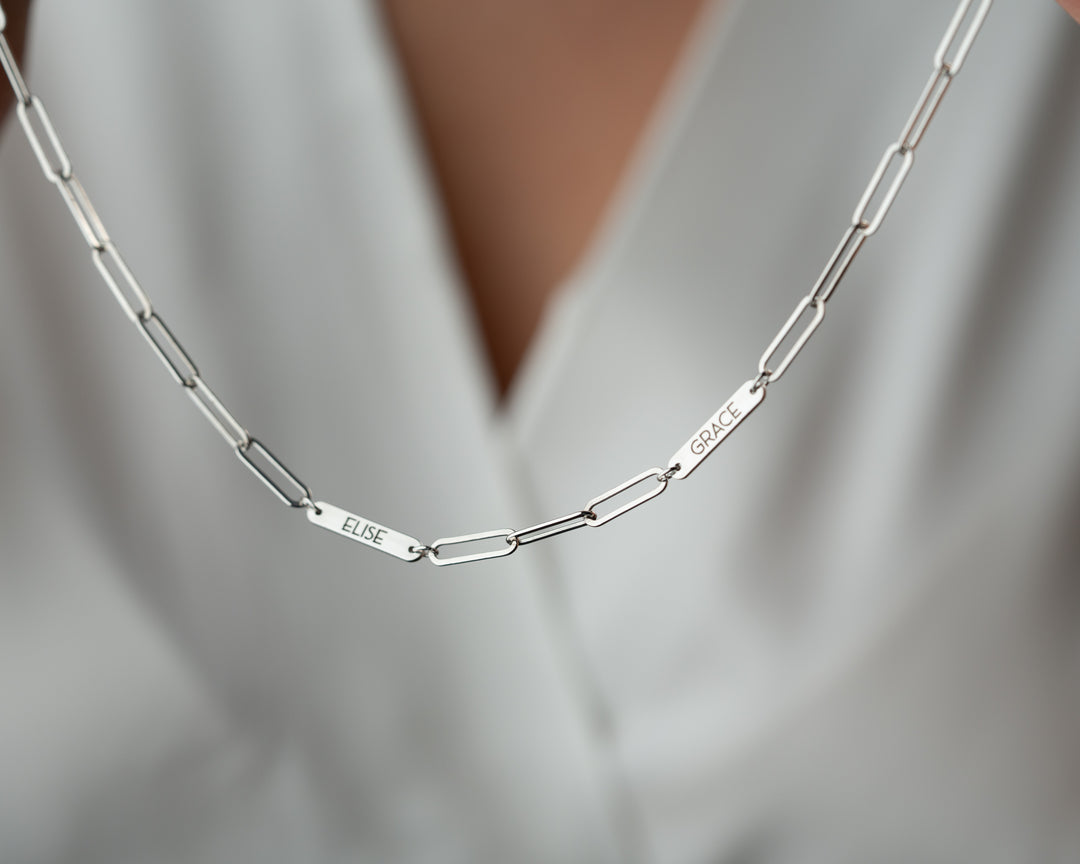 Engraved Tiny Bar Necklace with Paperclip Chain