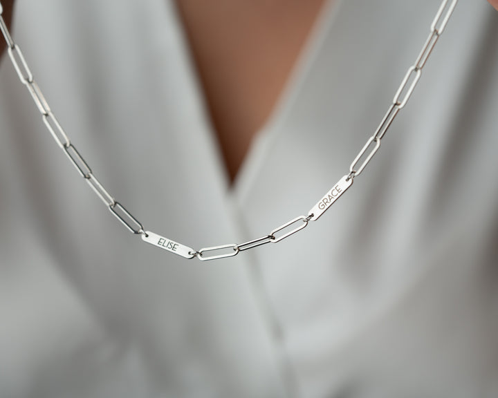 Engraved Tiny Bar Necklace with Paperclip Chain