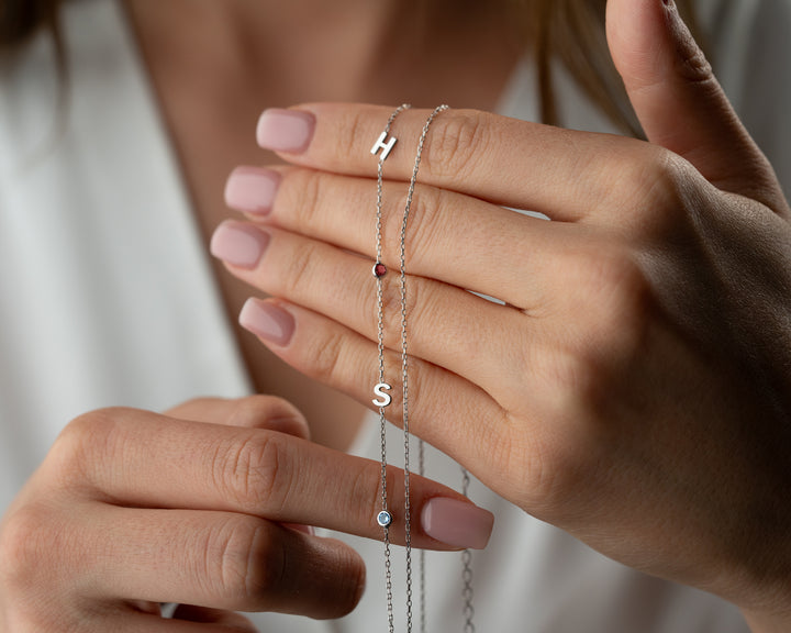 Sideways Initial Birthstone Necklace