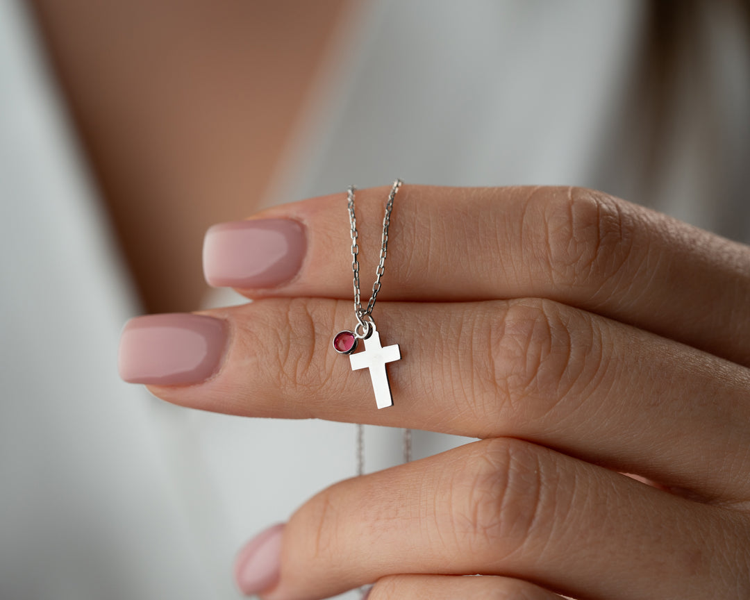 Personalized Cross Necklace with Birthstone