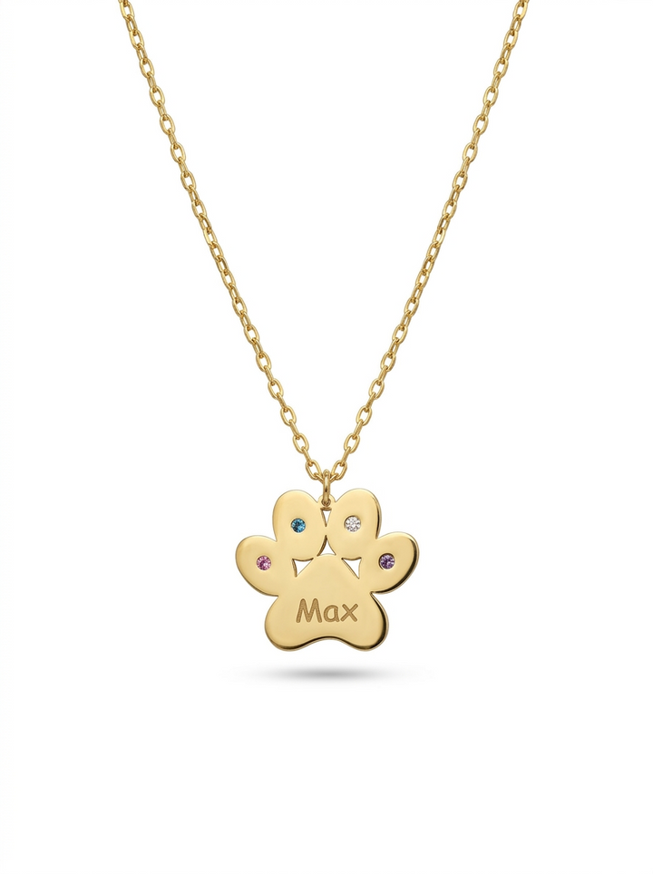 Engraved Paw Print Necklace with Birthstone
