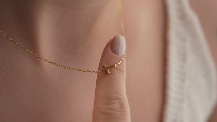 14K Solid Gold Sideways Middle Cross Necklace