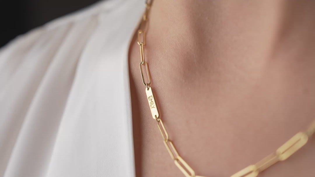 Engraved Tiny Bar Necklace with Paperclip Chain