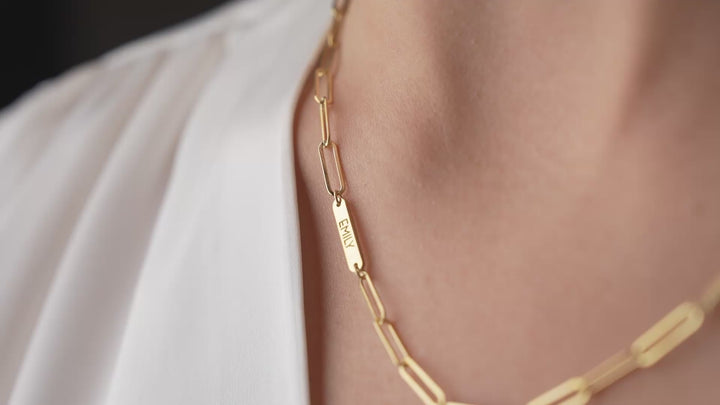 Engraved Tiny Bar Necklace with Paperclip Chain