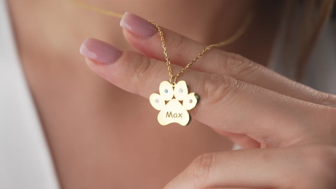Engraved Paw Print Necklace with Birthstone