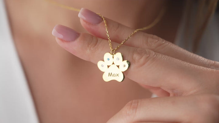 Engraved Paw Print Necklace with Birthstone