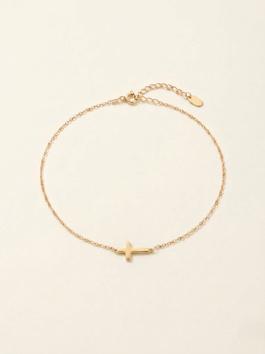 14K Solid Gold Sideways Middle Cross Necklace